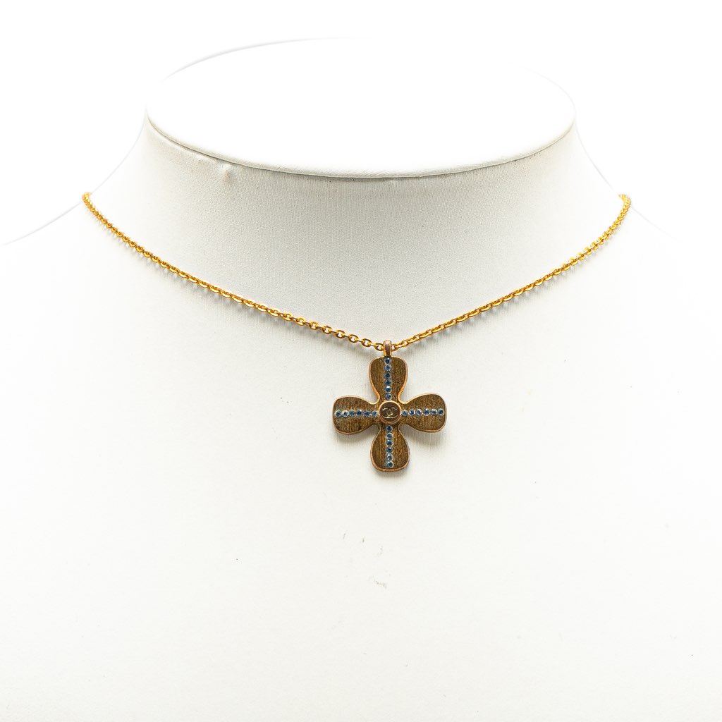Chanel Gold Plated Rhinestones Clover Pendant Necklace - 5