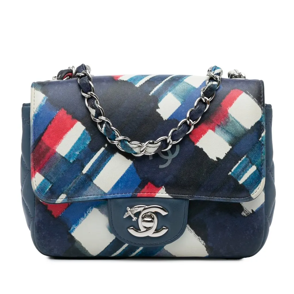Chanel Mini Square Classic Airlines Printed Lambskin Single Flap Blue Leather Good - Front View