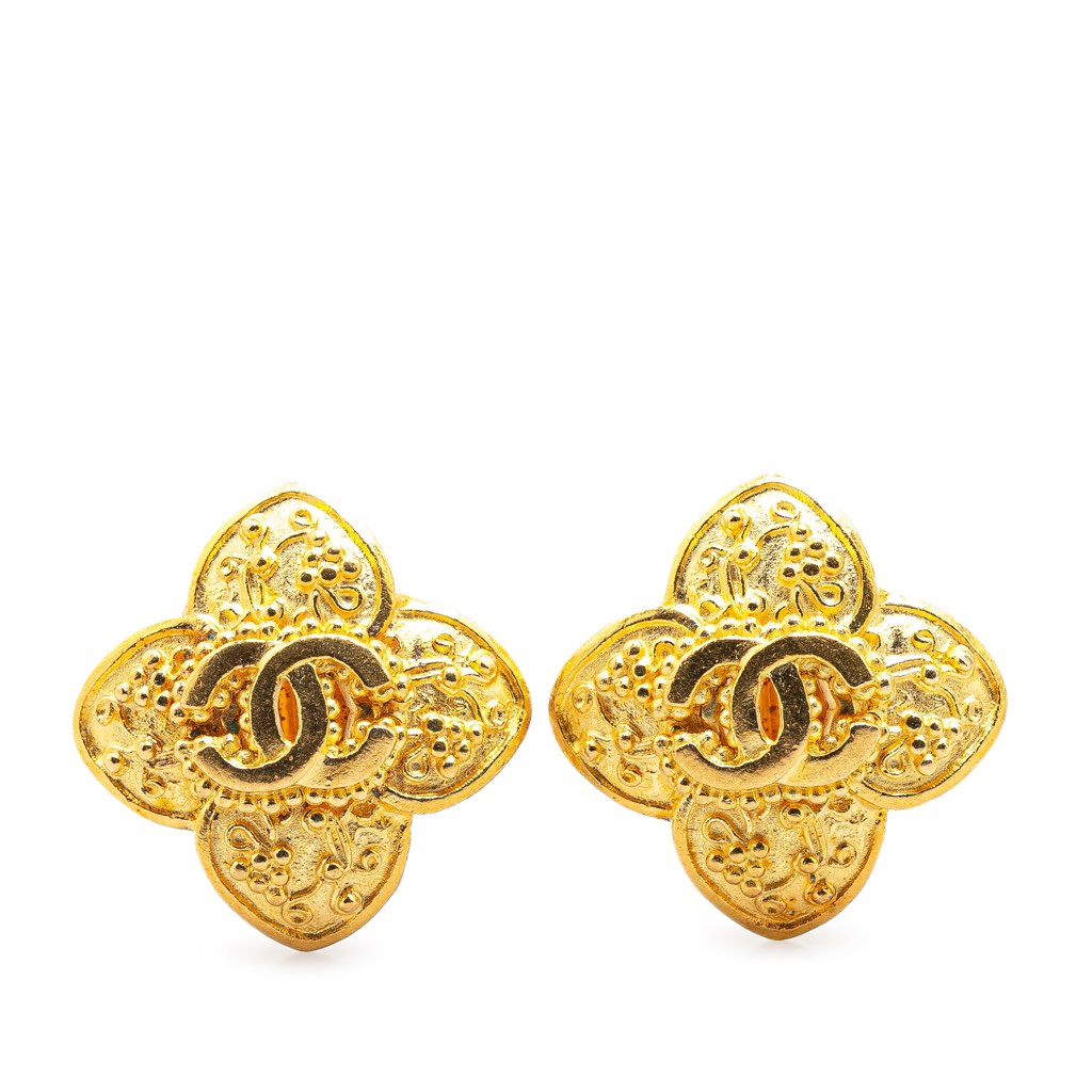 Chanel Gold Plated CC Clover Clip On Earrings