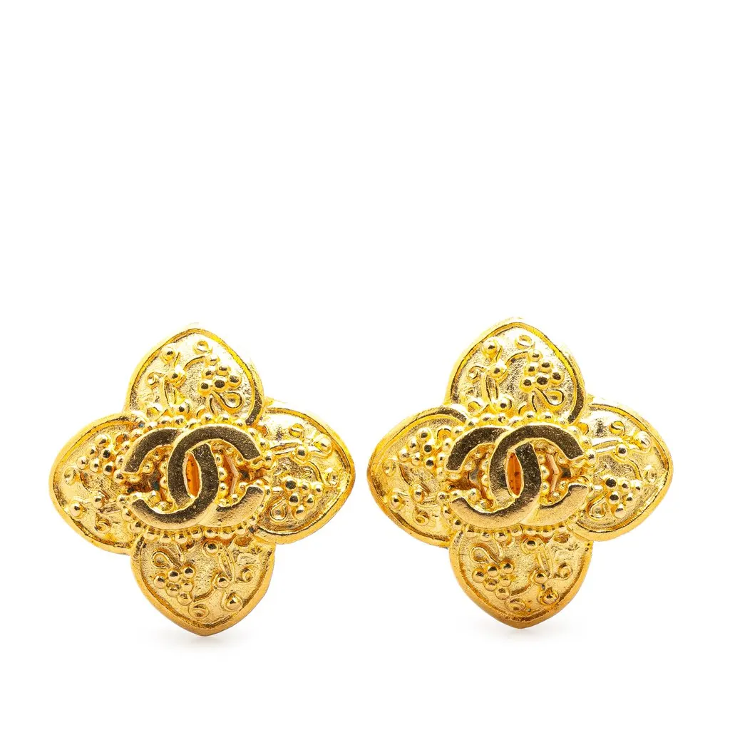 Chanel Gold Plated CC Clover Clip On Earrings Gold Metal Good - Front View