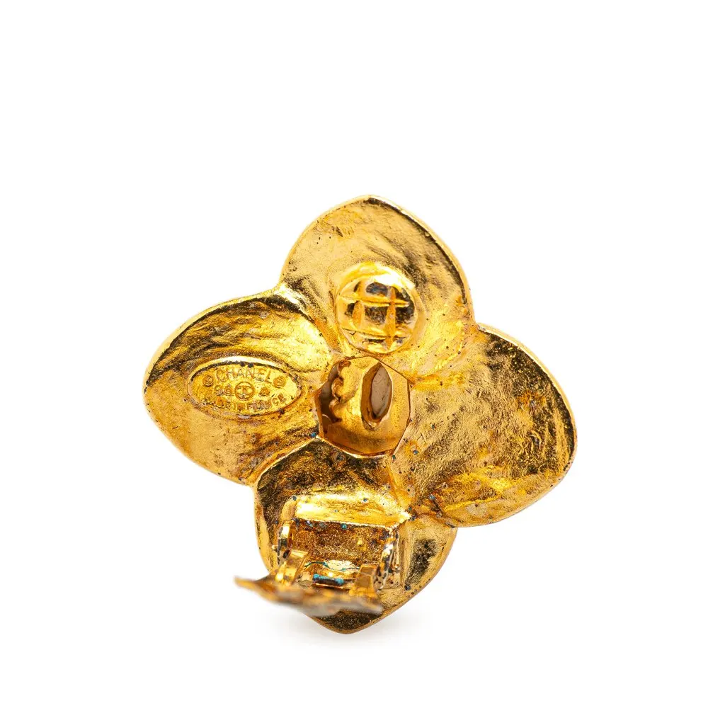 Chanel Gold Plated CC Clover Clip On Earrings Gold Metal Good - Inside View