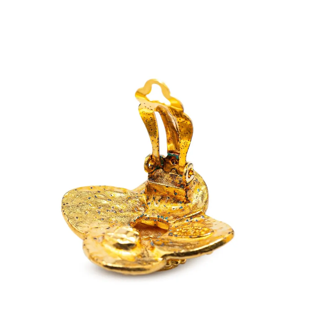 Chanel Gold Plated CC Clover Clip On Earrings Gold Metal Good - Model View