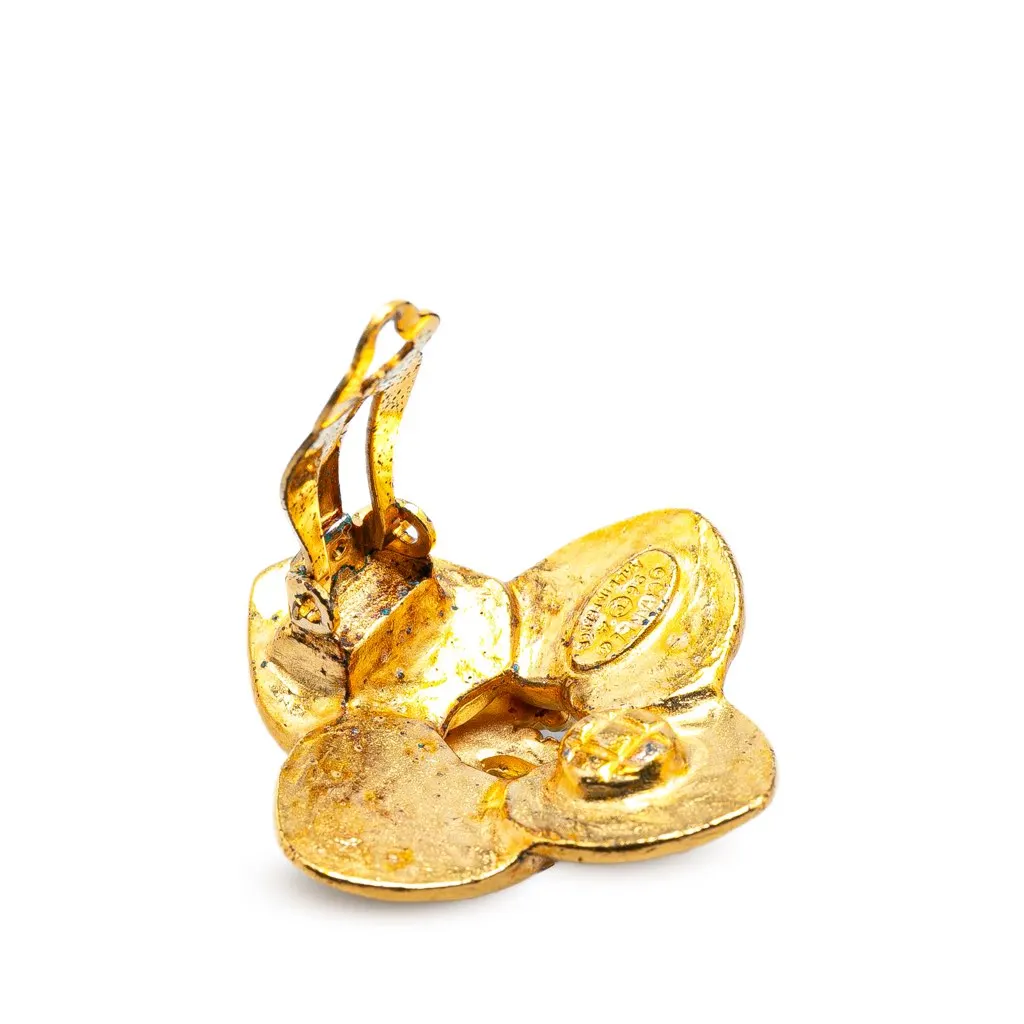 Chanel Gold Plated CC Clover Clip On Earrings Gold Metal Good - Box View