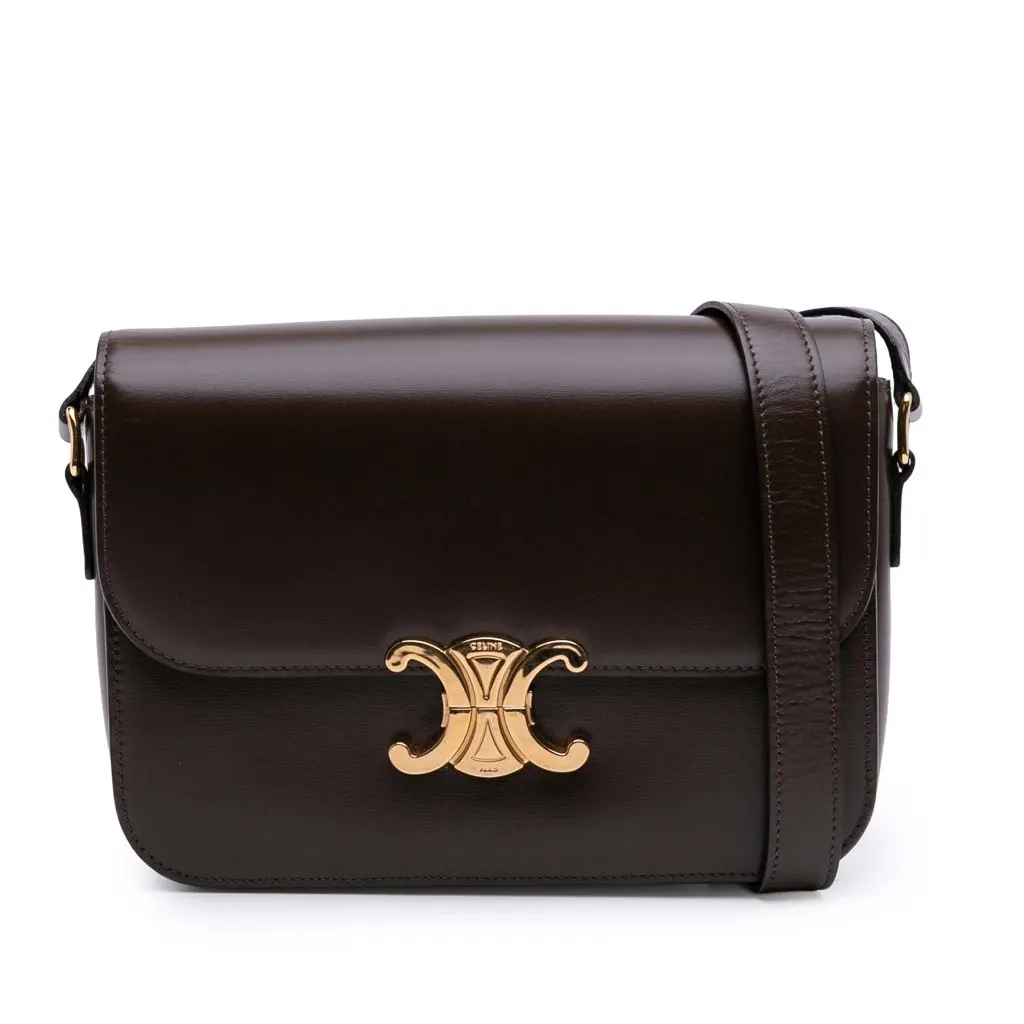 Celine Classique Shiny Calfskin Triomphe Crossbody Brown Leather Good - Front View