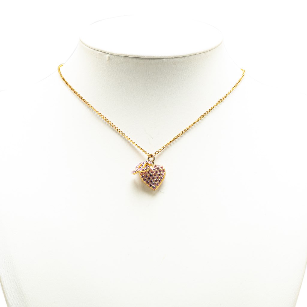 Chanel Gold Plated Rhinestone CC Heart Pendant Necklace - 4