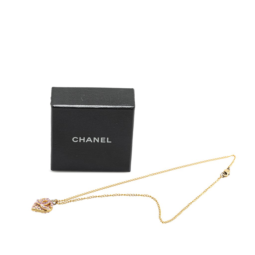 Chanel Gold Plated Rhinestone CC Heart Pendant Necklace - 5