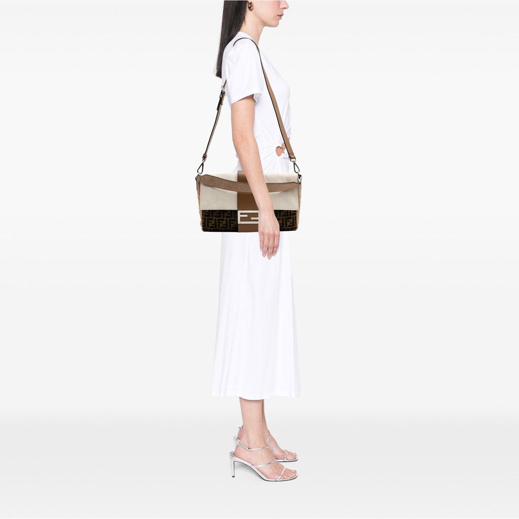 Fendi Large Zucca and Pequin Canvas Convertible Baguette Satchel - Image 13