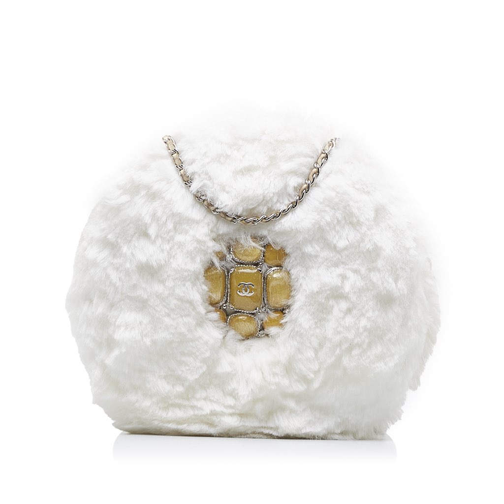 Chanel CC Crystal Embellished Faux Fur Round Crossbody