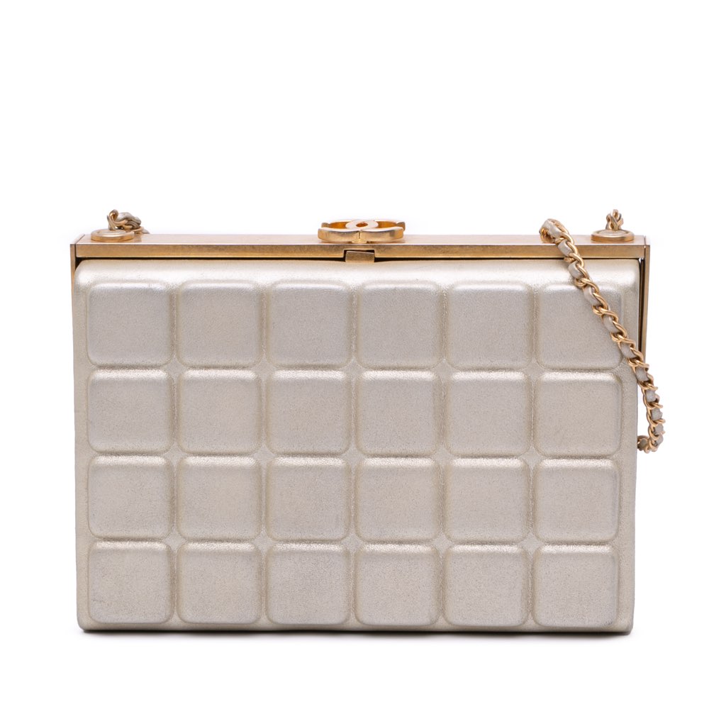 Chanel Chocolate Bar Metallic Lambskin Frame Clutch with Chain