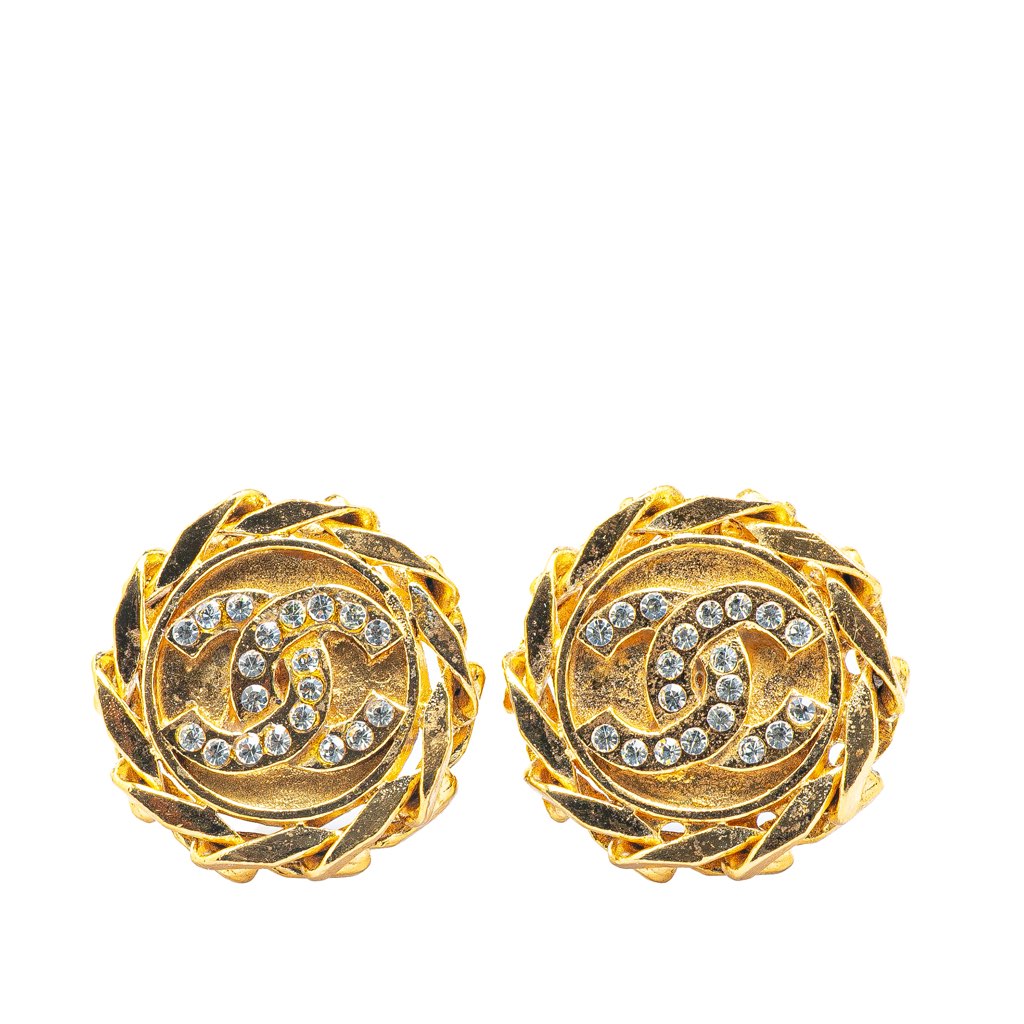 Chanel Gold Plated CC Crystal Clip On Earrings
