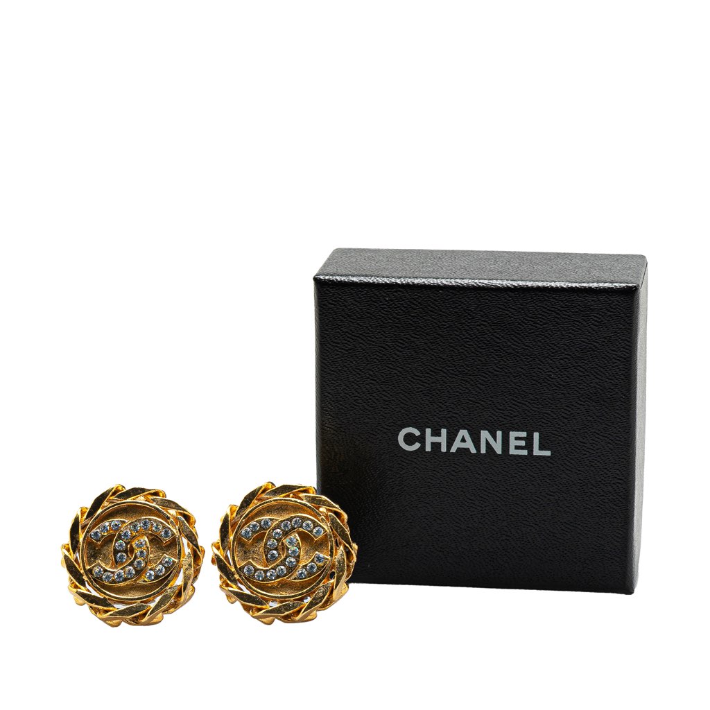 Chanel Gold Plated CC Crystal Clip On Earrings - 4