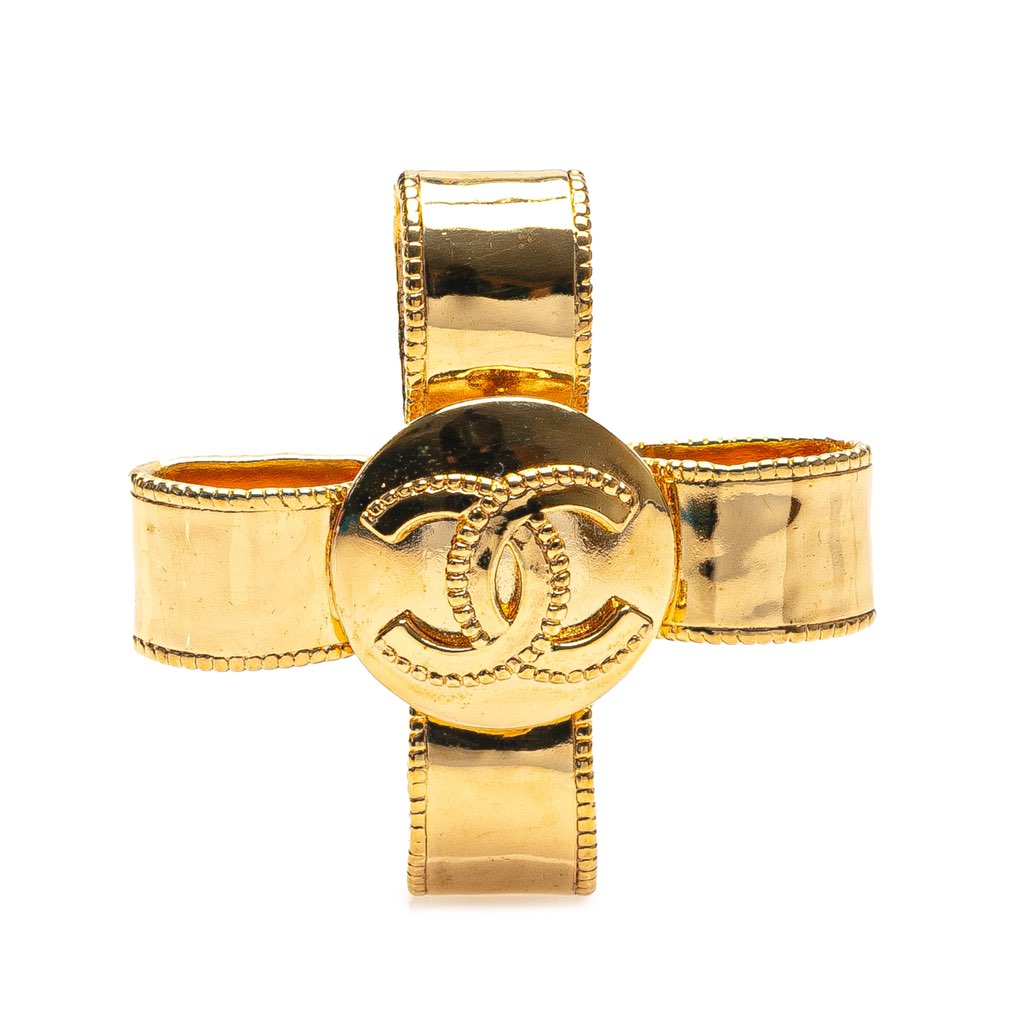 Chanel Gold Plated CC Cross Ribbon Brooch
