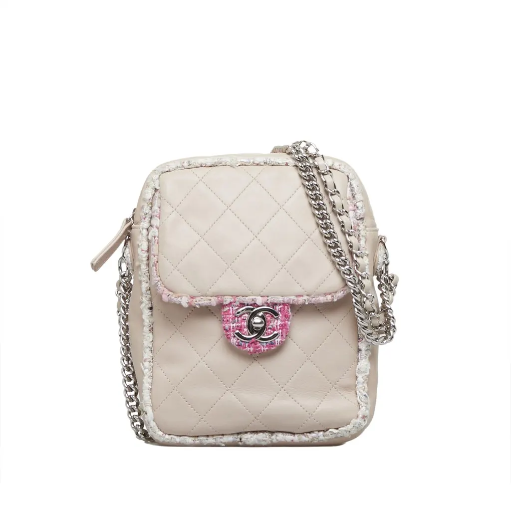 Chanel Elegant Tweed Crossbody Pink Leather Good - Front View