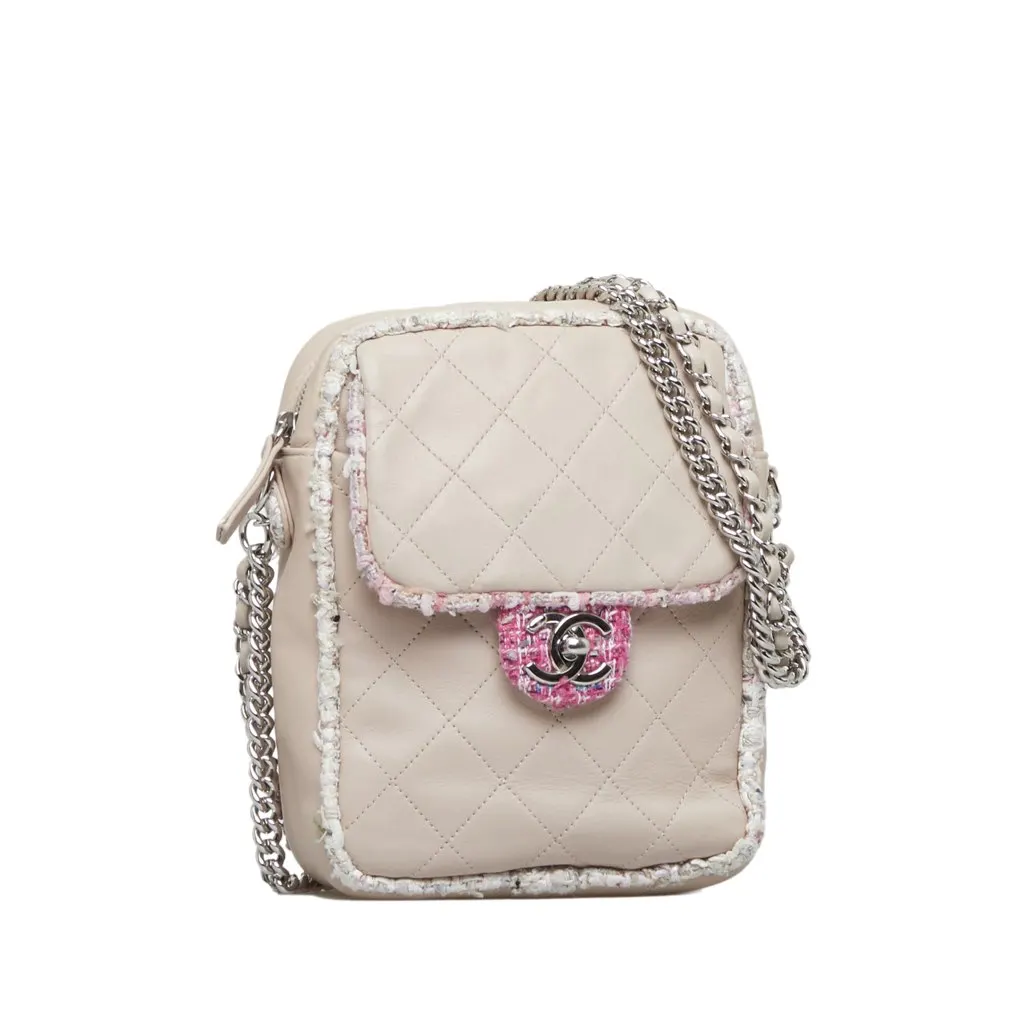 Chanel Elegant Tweed Crossbody Pink Leather Good - Back View