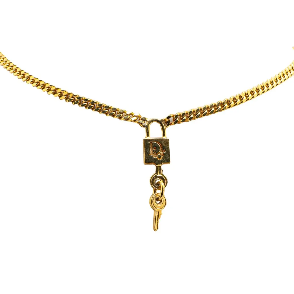 Dior Gold Plated Lock and Key Charm Necklace Gold Metal Good - Front View