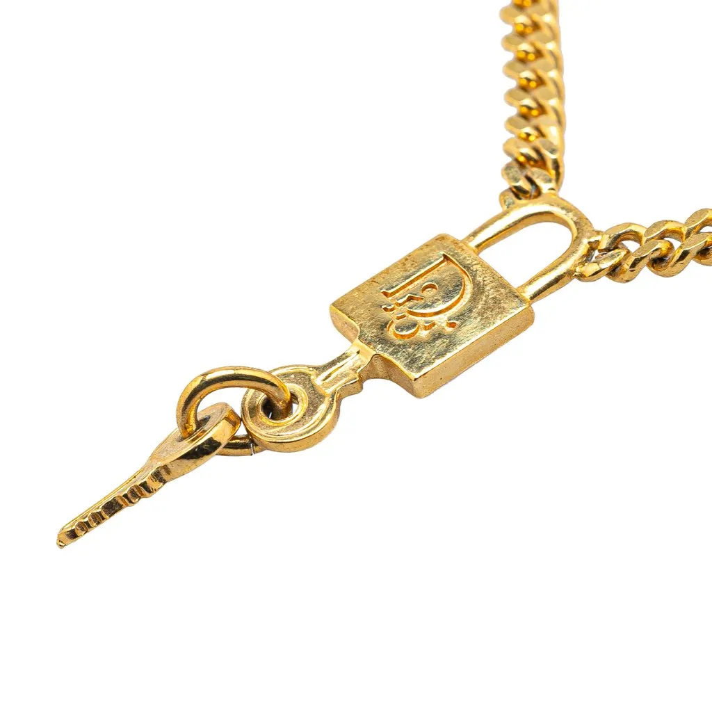 Dior Gold Plated Lock and Key Charm Necklace Gold Metal Good - Back View