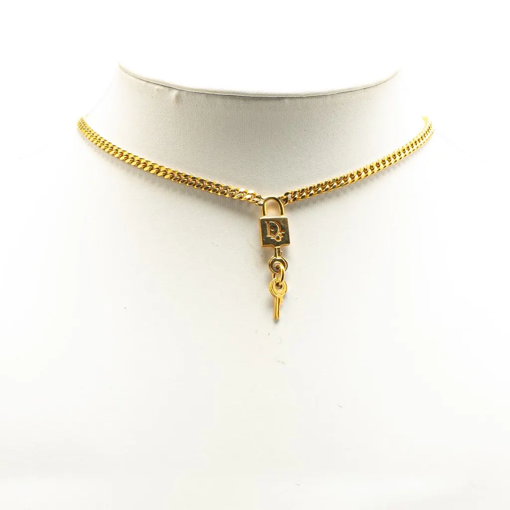 Dior Gold Plated Lock and Key Charm Necklace Gold Metal Good - Box View