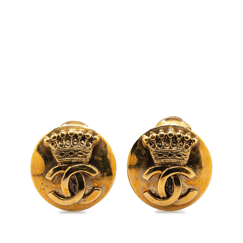 Chanel Gold Plated CC Crown Clip On Earrings