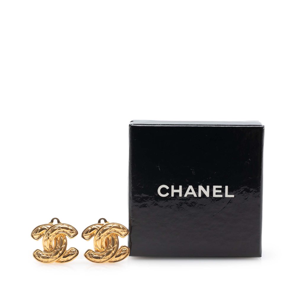 Chanel Gold Plated CC Quilted Clip On Earrings - 4