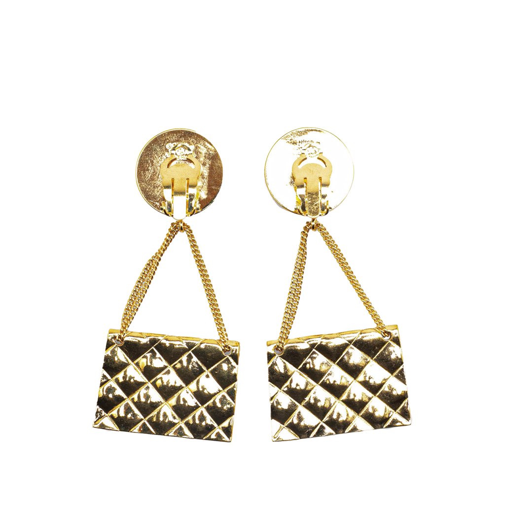 Chanel CC Gold Plated Flap Bag Drop Clip On Earrings - 2