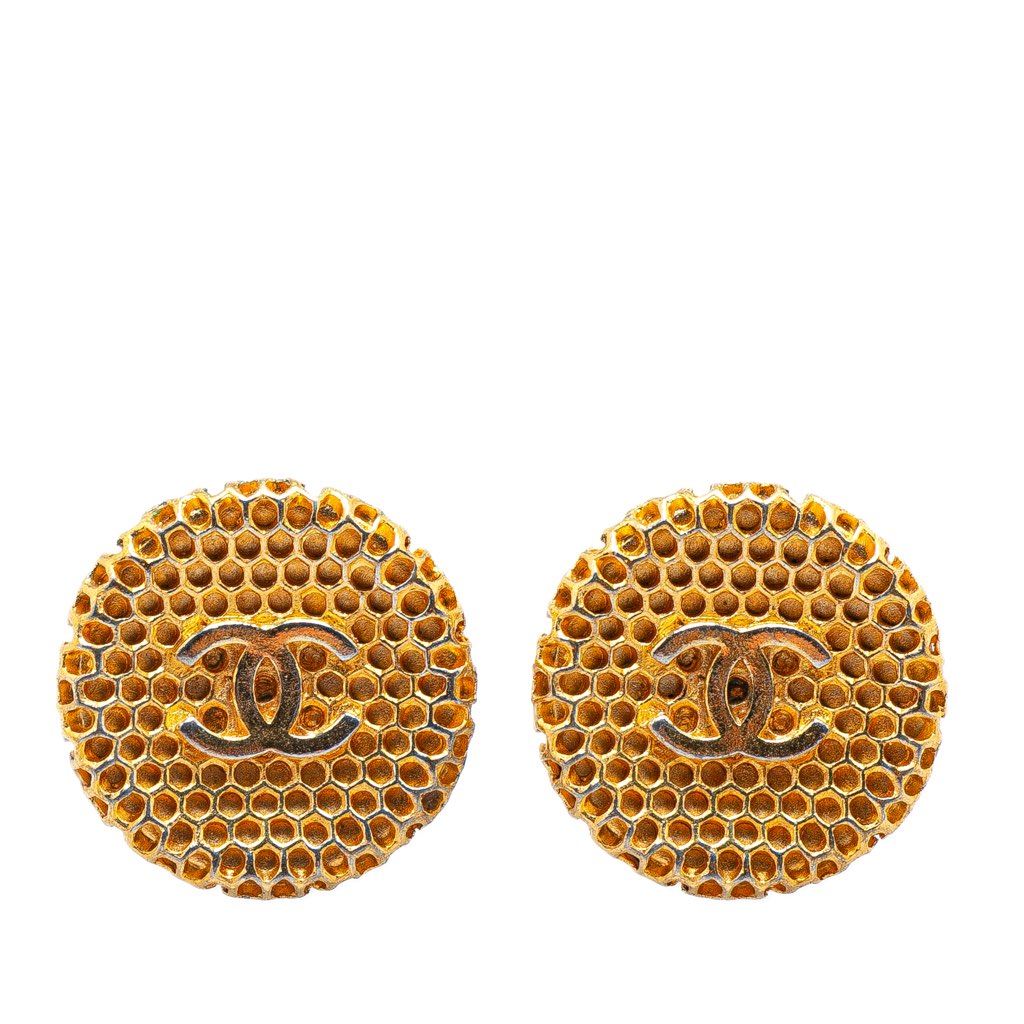 Chanel Gold Plated CC Honeycomb Clip on Earrings