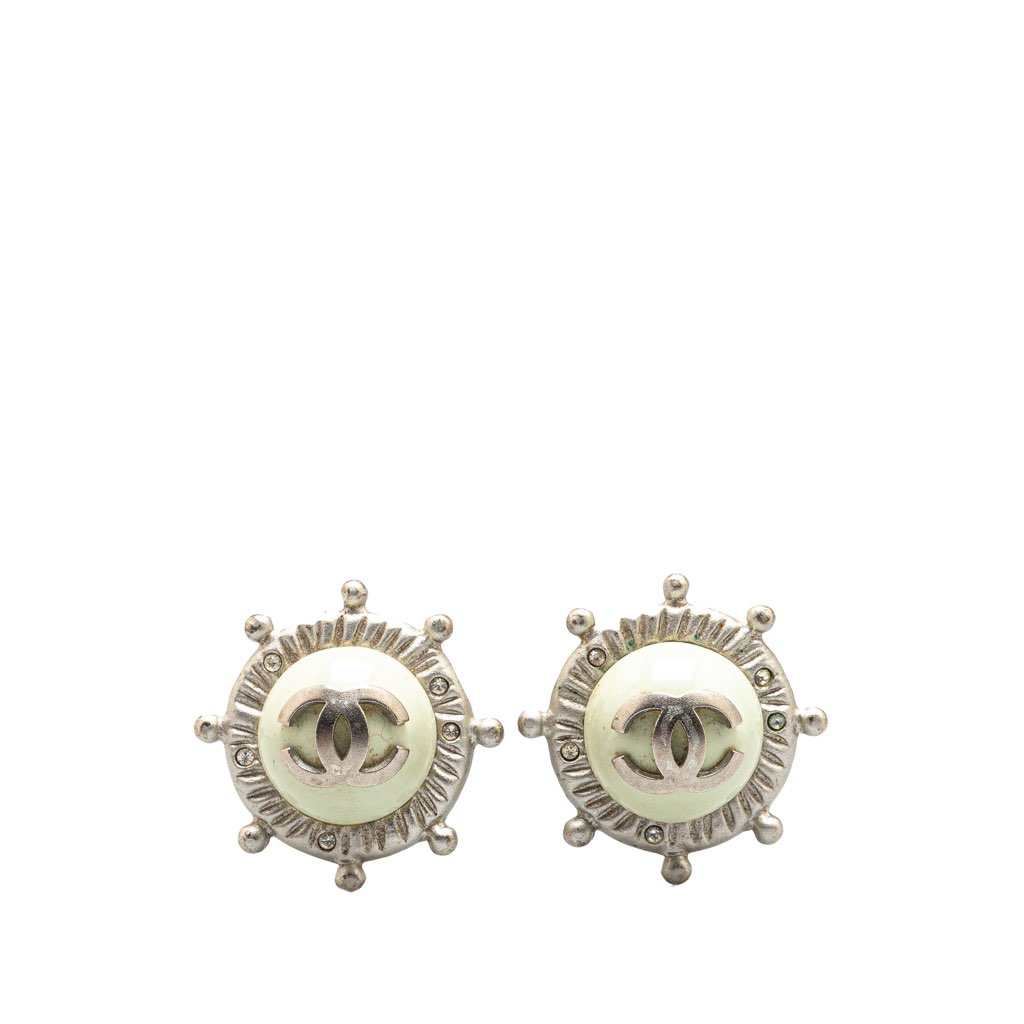 Chanel Silver CC Faux Pearl Clip On Earrings