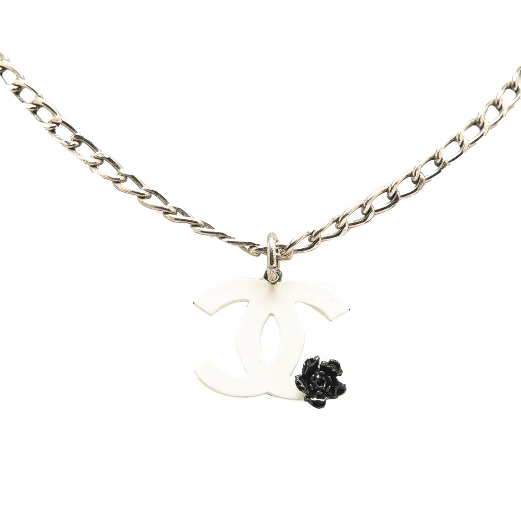 Chanel Silver Plated Resin CC Camellia Charm Necklace