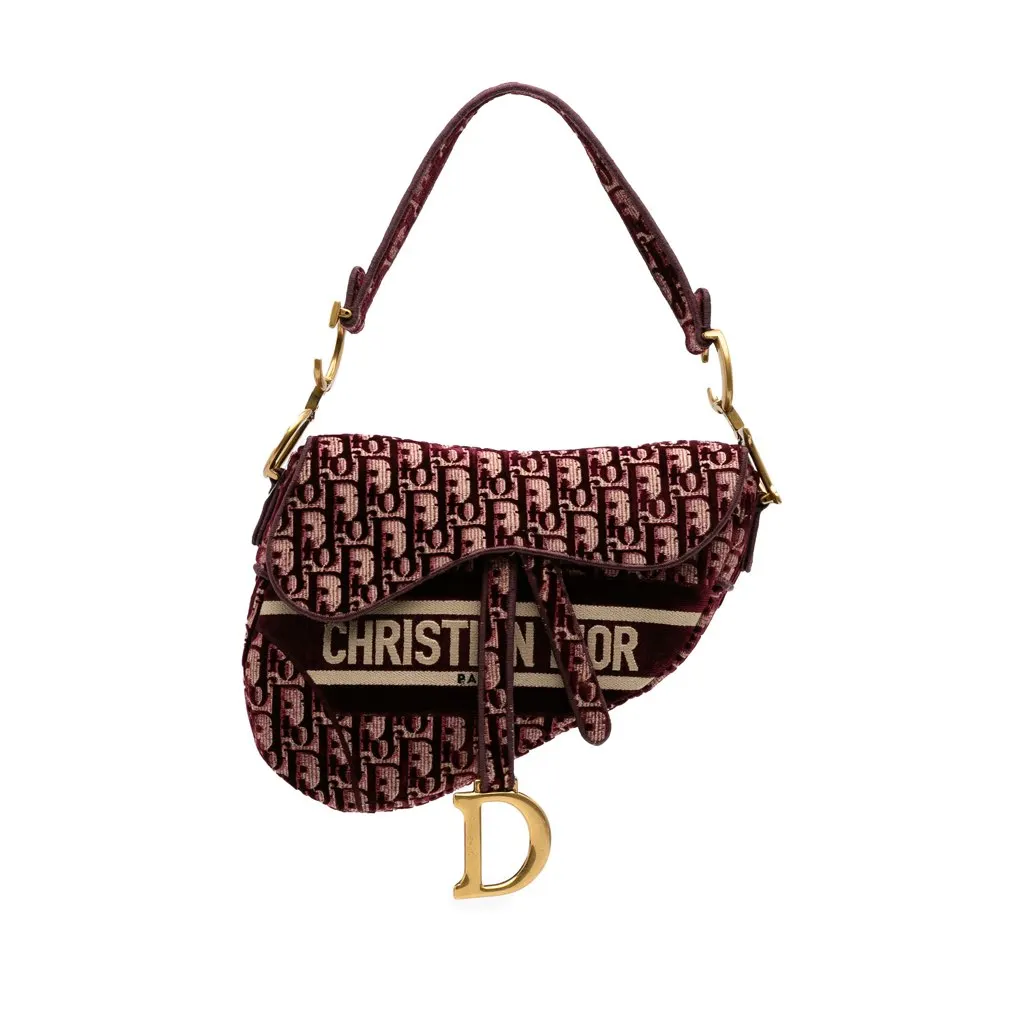 Dior Oblique Velvet Embroidered Saddle Bag Red Velvet Very good - Front View