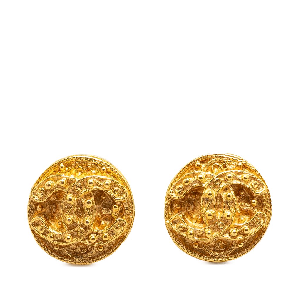 Chanel CC Gold Plated Button Clip On Earrings