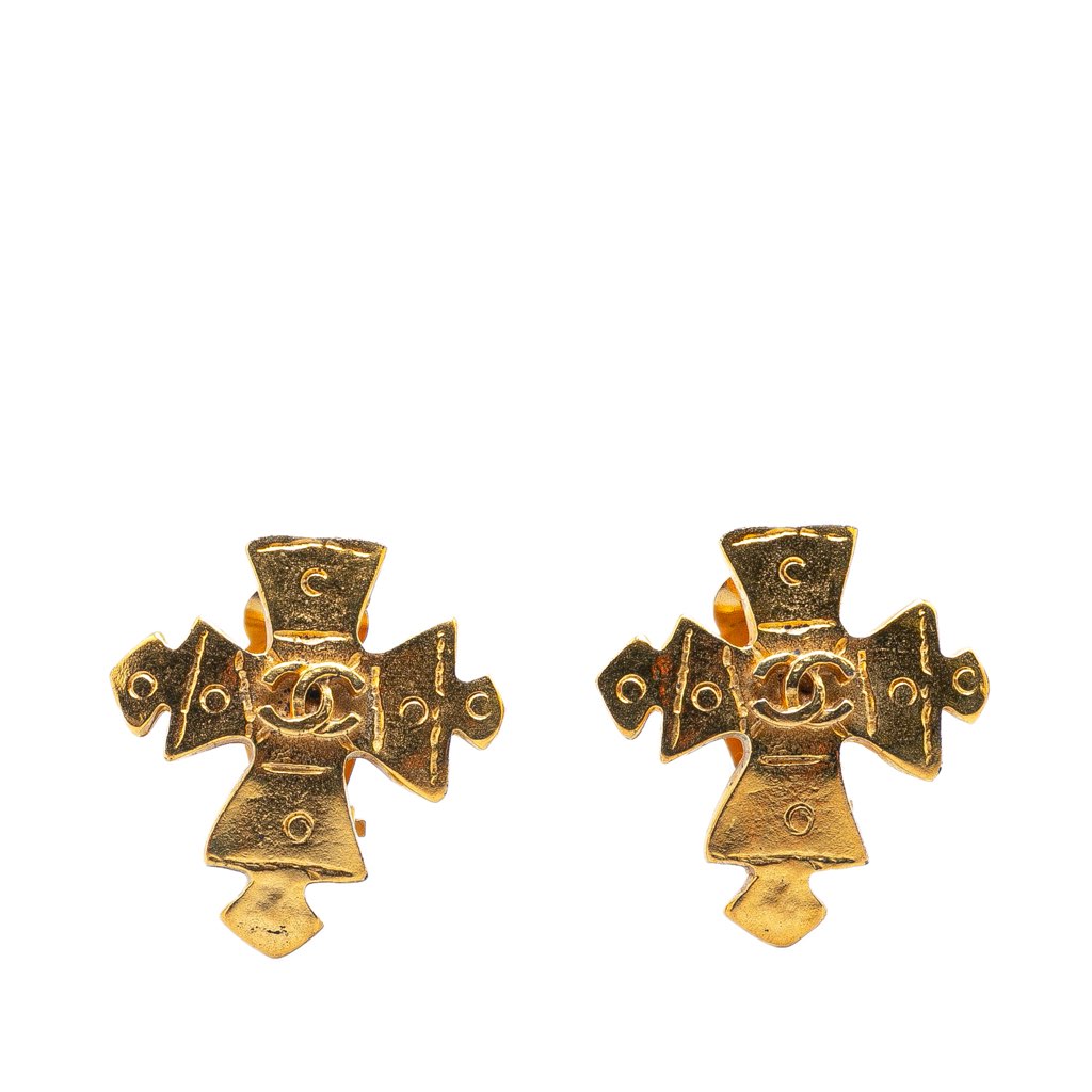 Chanel Gold Plated CC Cross Clip on Earrings