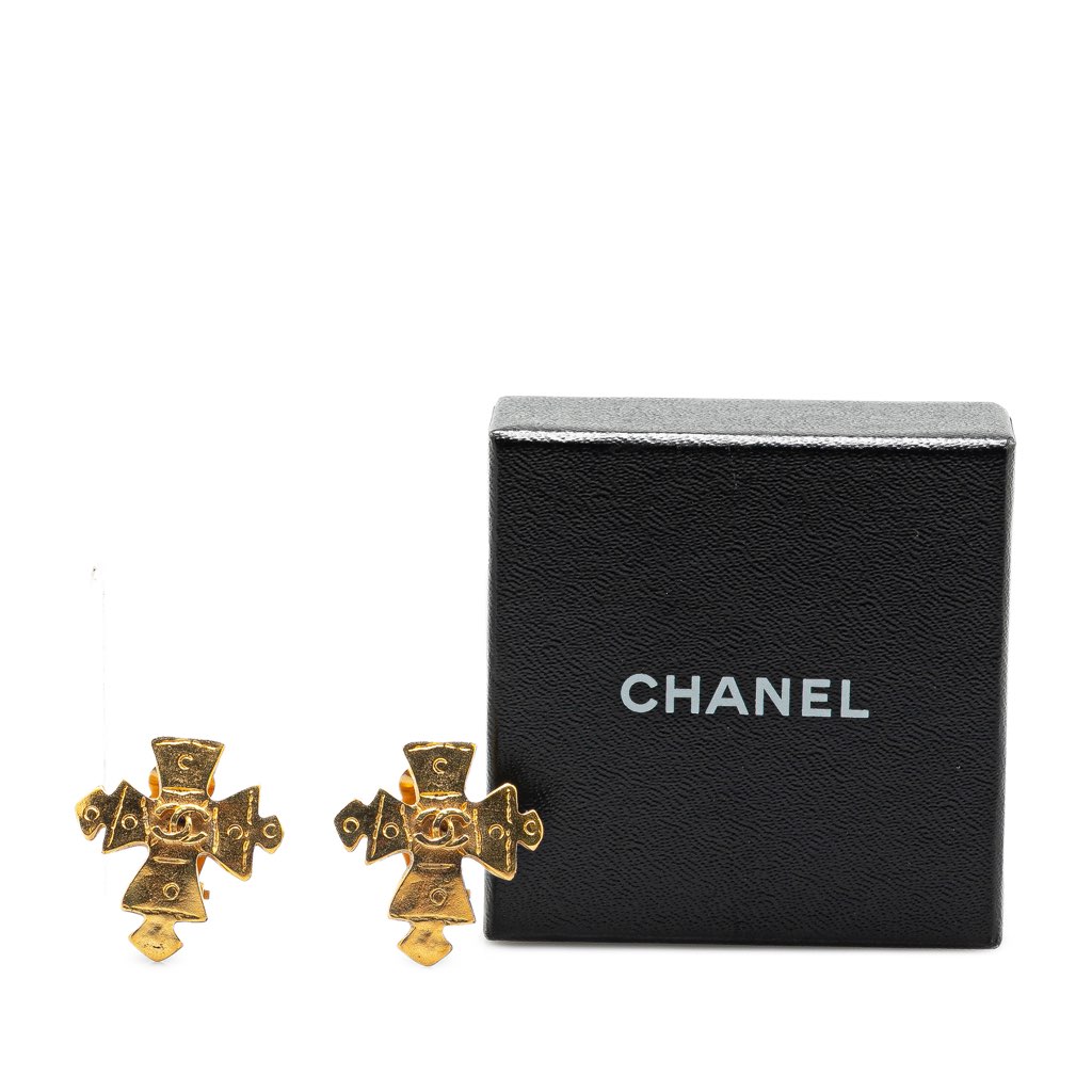 Chanel Gold Plated CC Cross Clip on Earrings - 4