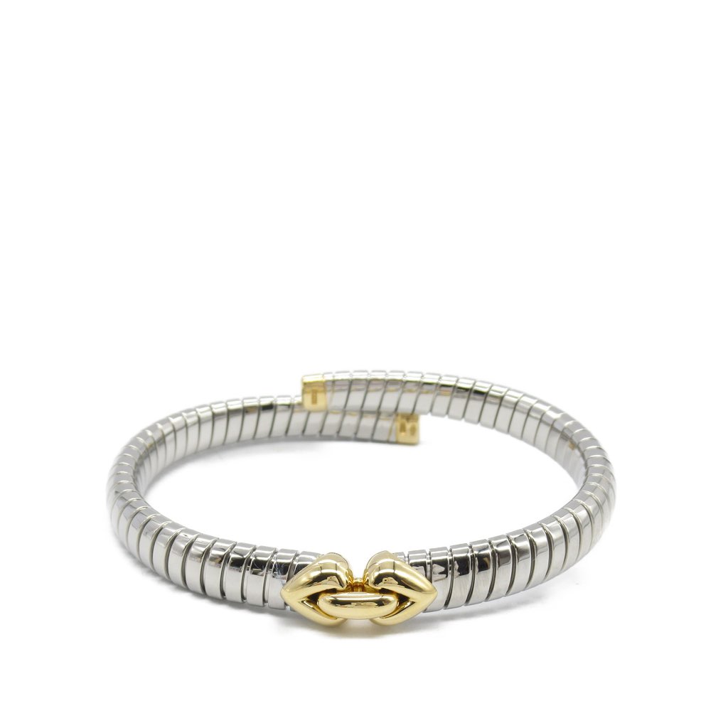 Bvlgari Stainless Steel and 18K Yellow Gold Tubogas Hearts Open Flex Bangle - 2