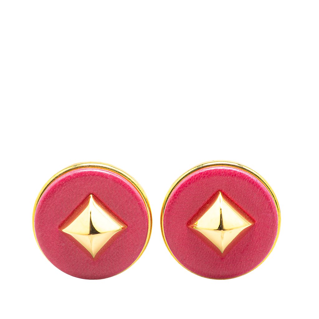 Hermès Gold Plated and Leather Medor Round Clip on Earrings