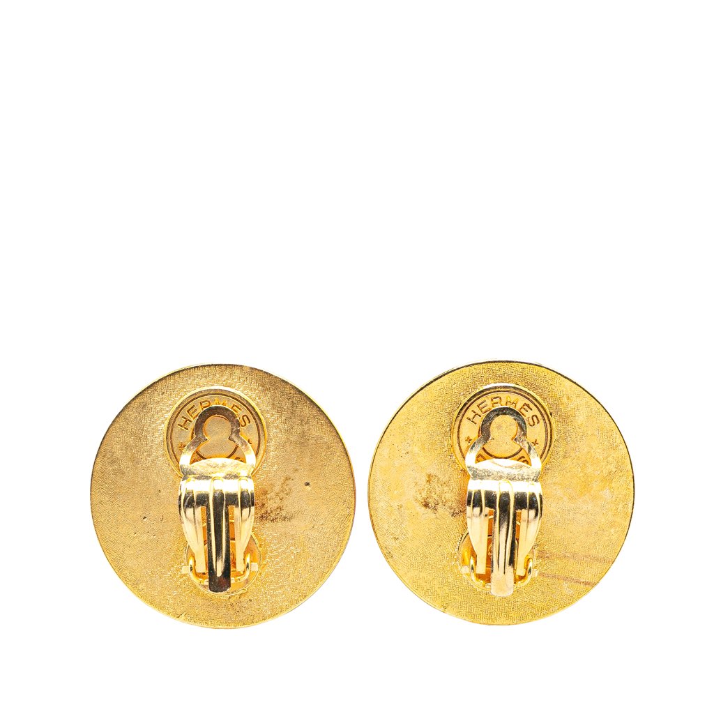 Hermès Gold Plated and Leather Medor Round Clip on Earrings - 2
