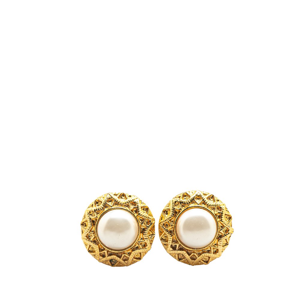 Chanel Gold Plated Faux Pearl Round Clip on Earrings