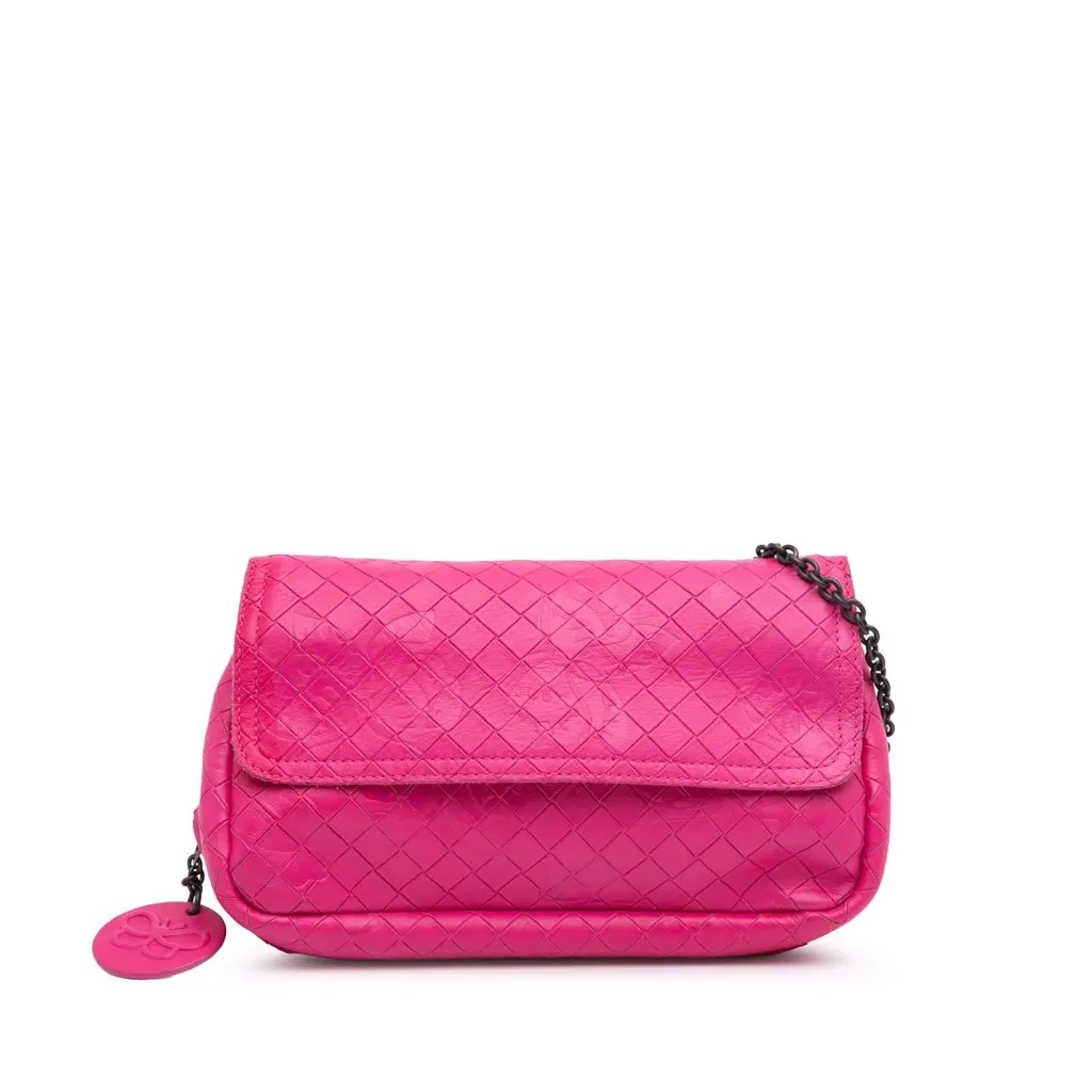 Bottega Veneta Small Calfskin Intrecciomirage Embossed Butterfly Chain Crossbody Pink Leather Very good - Front View