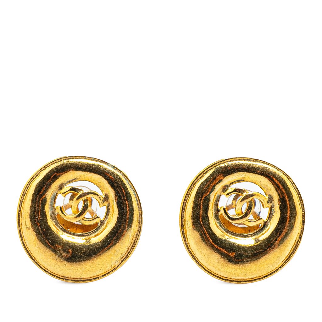 Chanel Gold Plated CC Round Button Clip On Earrings