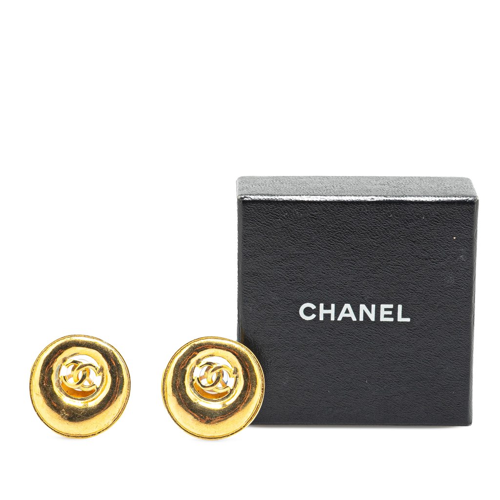 Chanel Gold Plated CC Round Button Clip On Earrings - 4