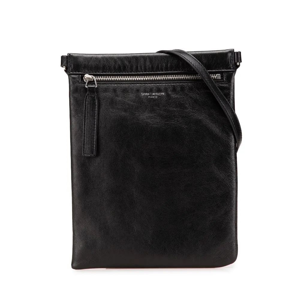 Saint Laurent Antiqued Lambskin Sid Flat Crossbody Black Leather Very good - Front View