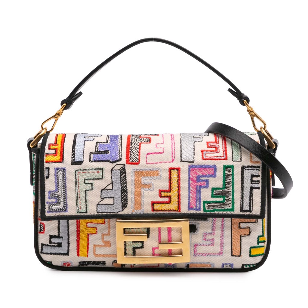 Fendi Chinese Valentines Day Mini Zucca Embroidered Canvas Baguette Satchel