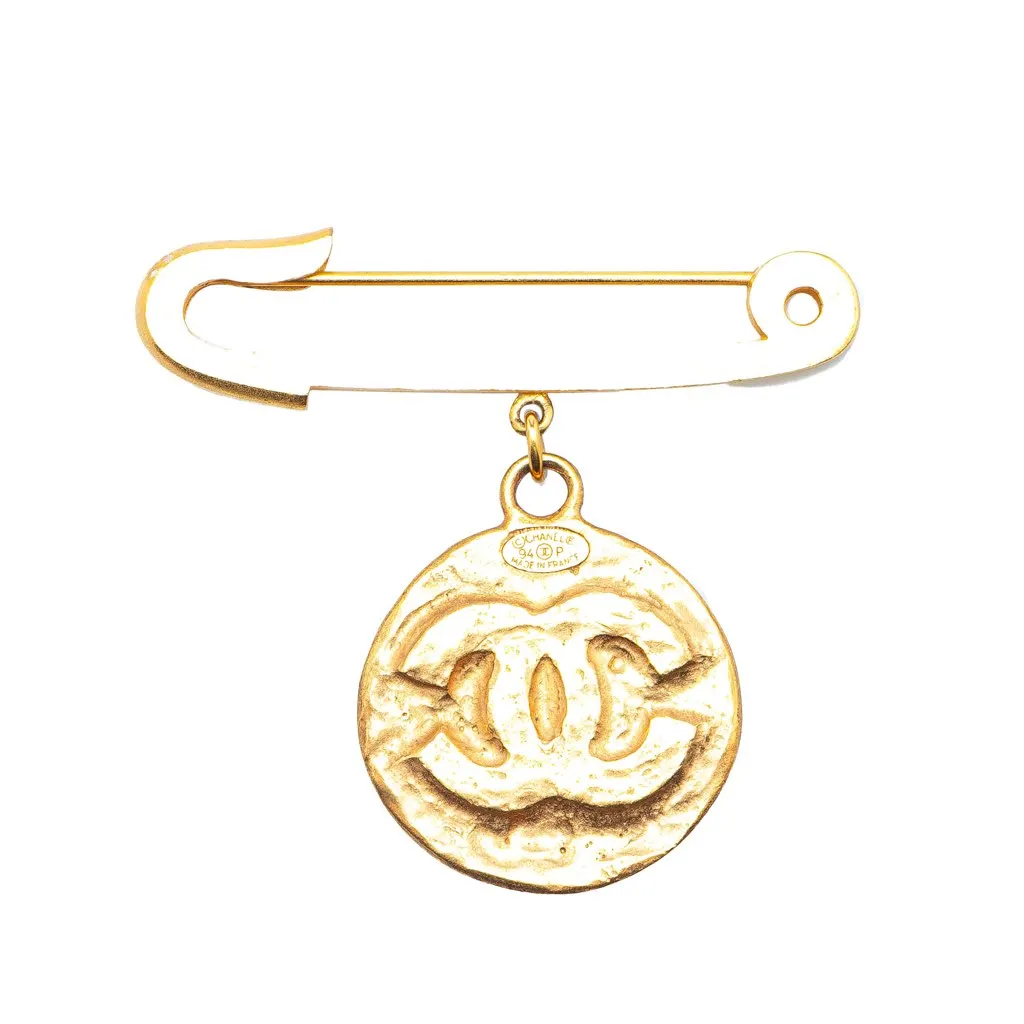 Chanel Gold Plated CC Medallion Safety Pin Brooch Gold Metal Good - Front View