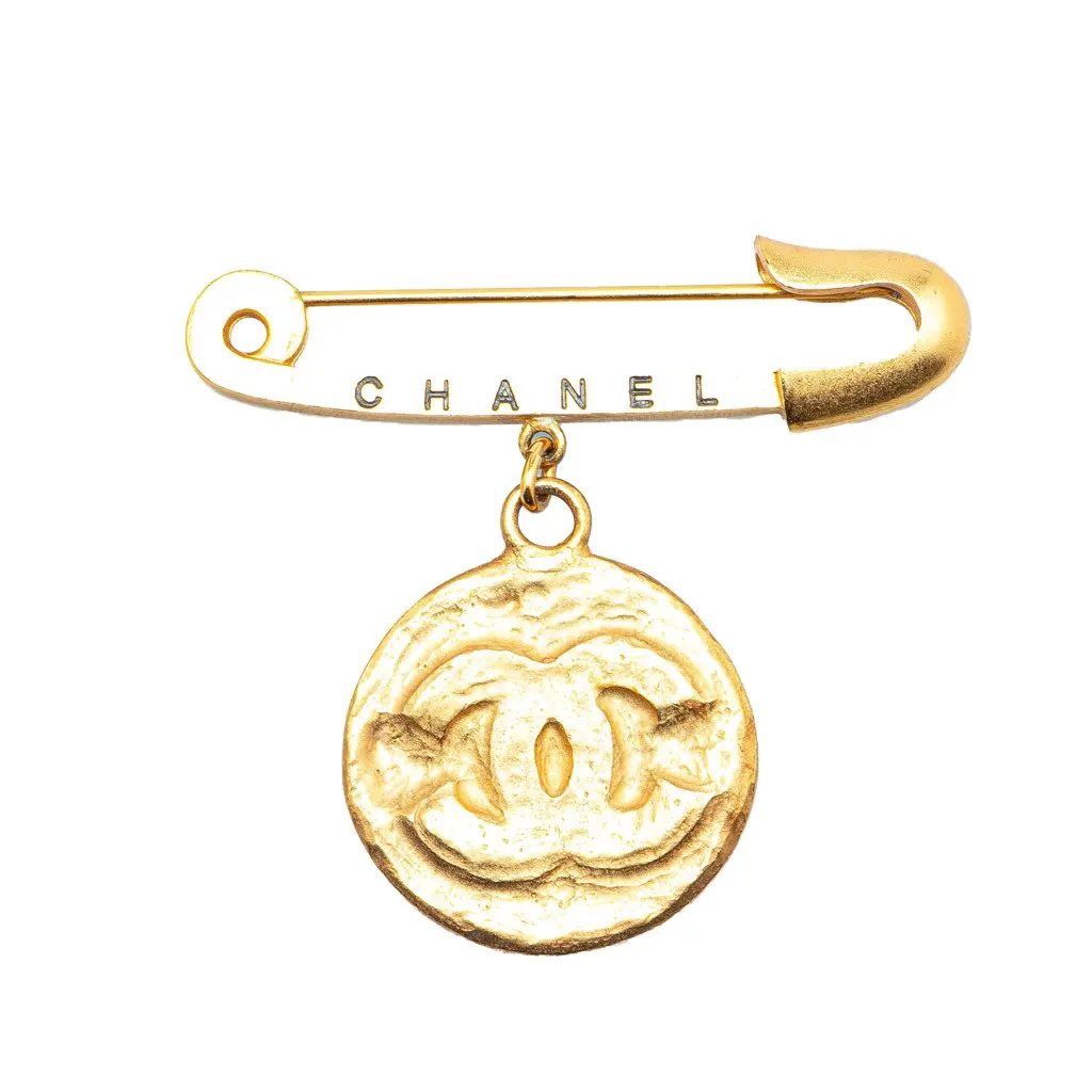 Chanel Gold Plated CC Medallion Safety Pin Brooch Gold Metal Good - Back View