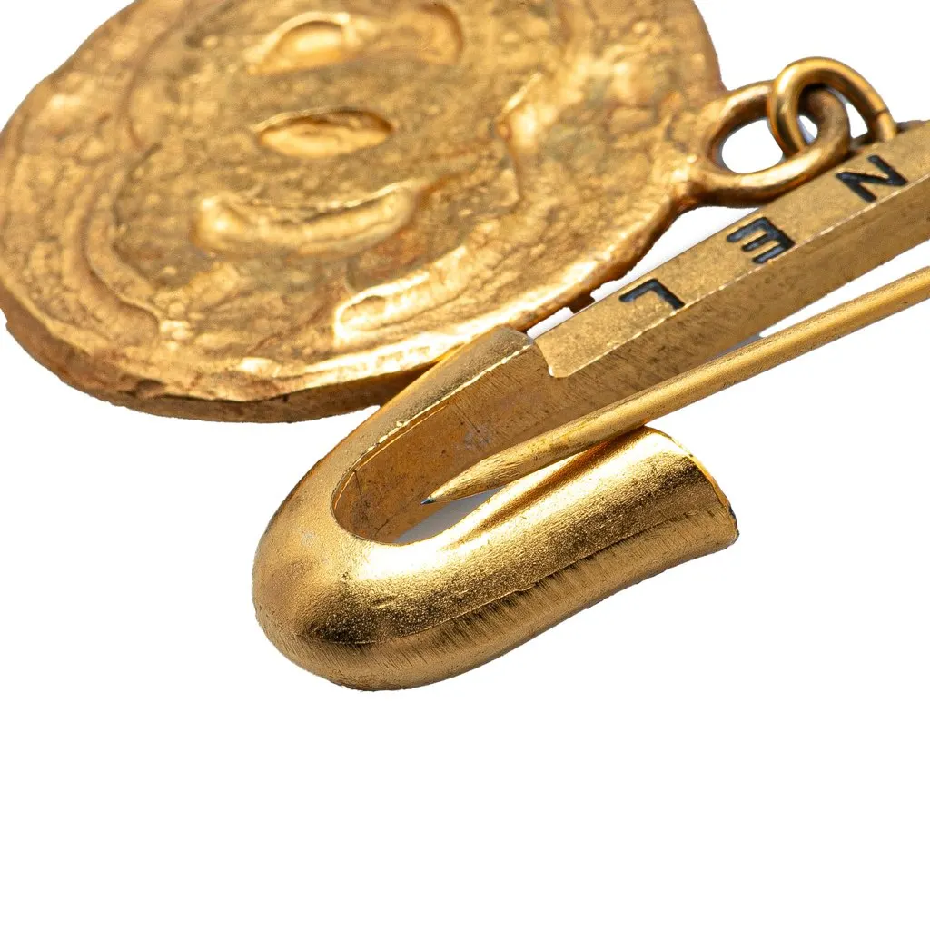 Chanel Gold Plated CC Medallion Safety Pin Brooch Gold Metal Good - Model View