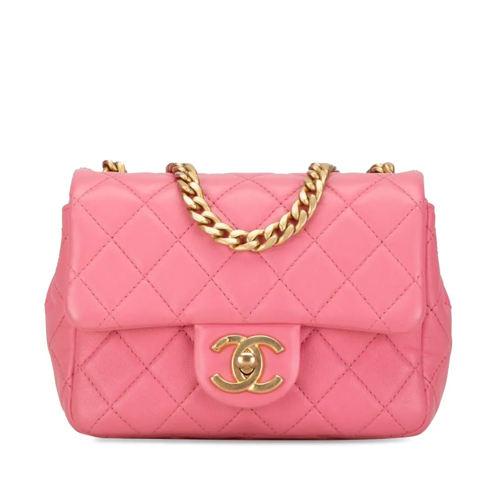 Chanel Mini Square Lambskin Pearl Samba Flap Pink Leather Good - Front View