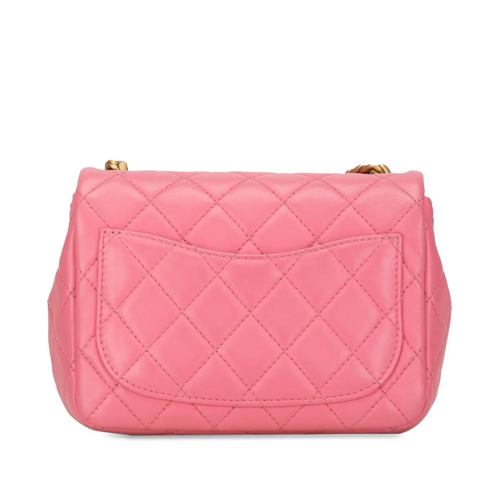 Chanel Mini Square Lambskin Pearl Samba Flap Pink Leather Good - Inside View