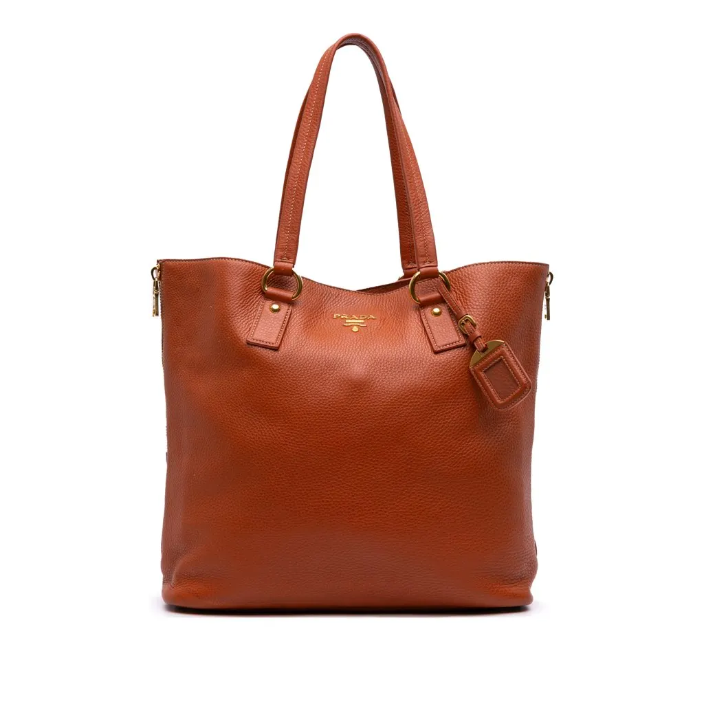 Prada Vitello Daino Side Zip Shopper Tote Orange Leather Very good - Front View