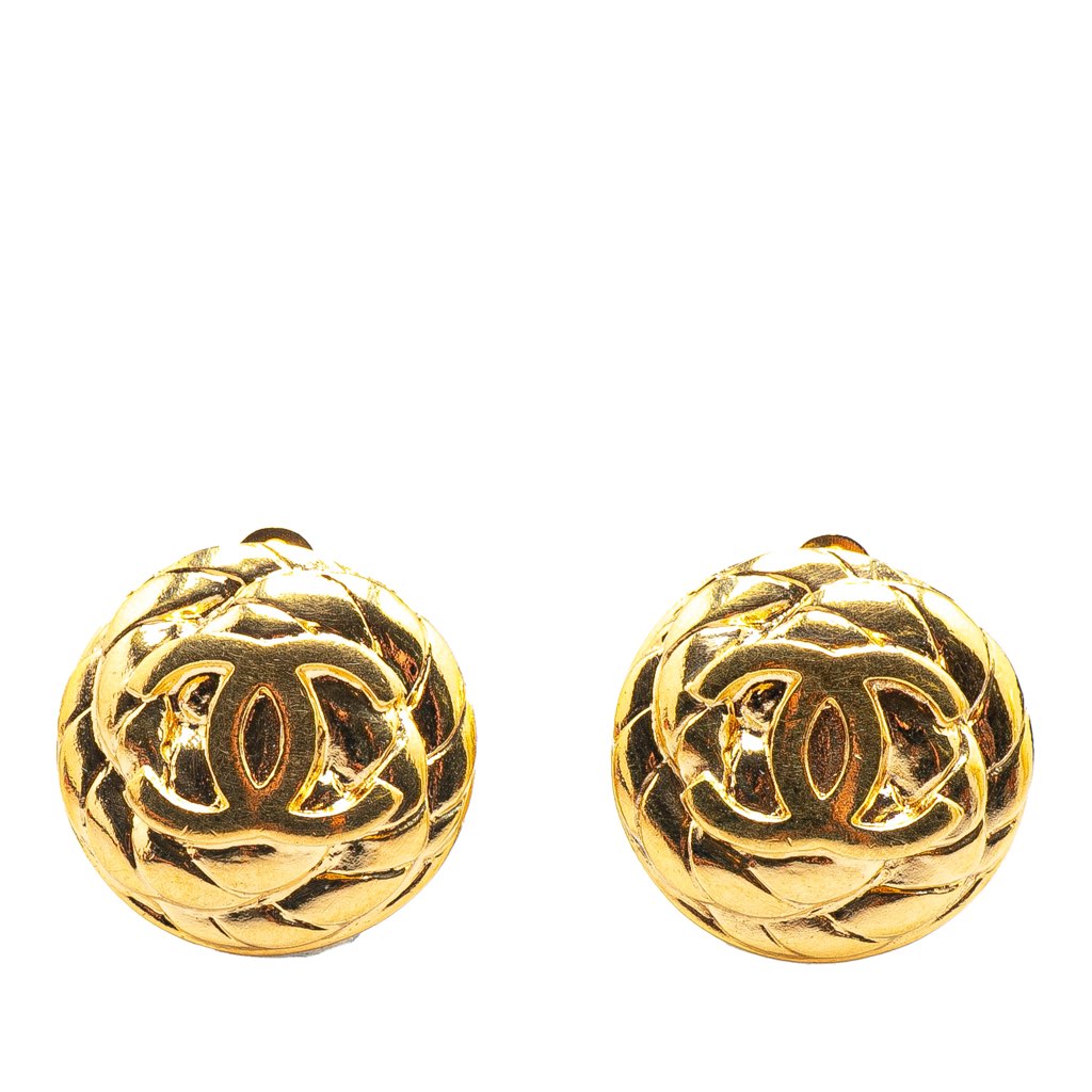 Chanel Gold Plated CC Quilted Round Clip On Earrings