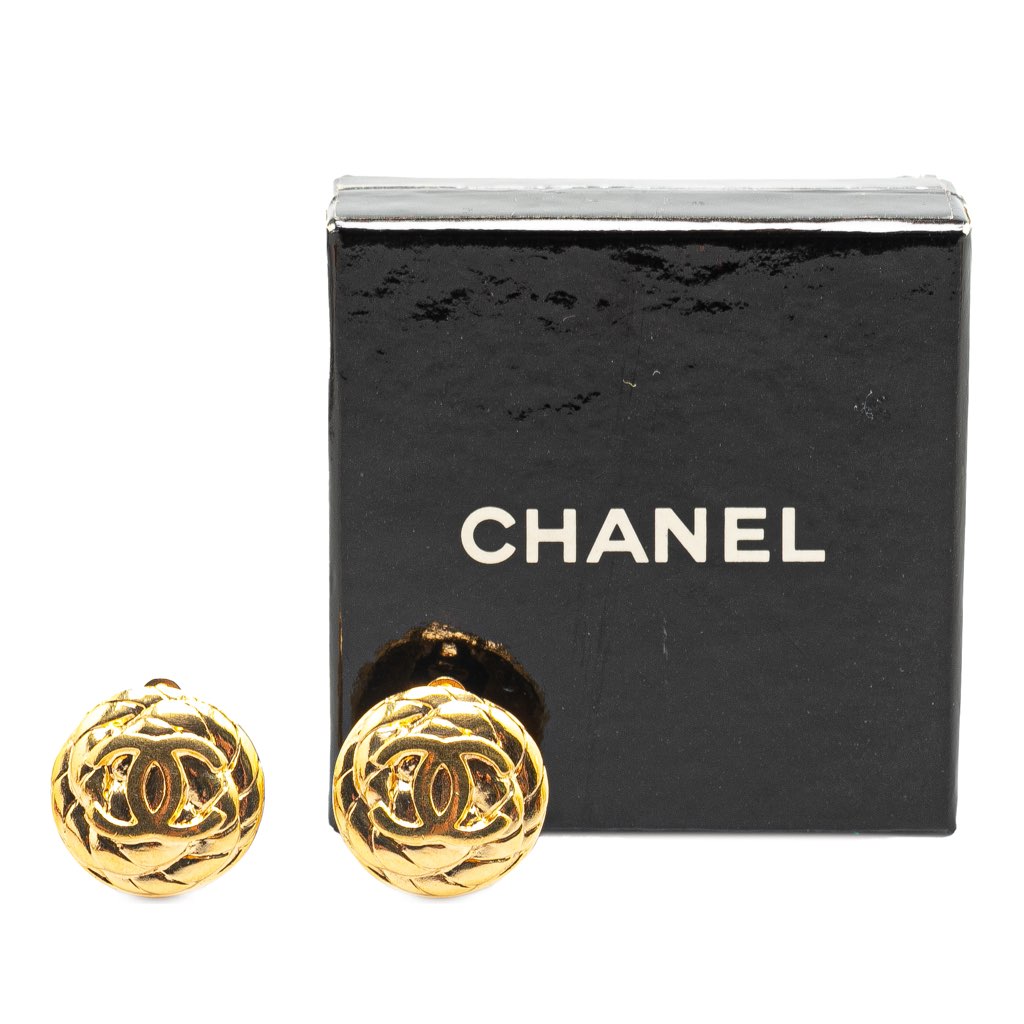 Chanel Gold Plated CC Quilted Round Clip On Earrings - 4