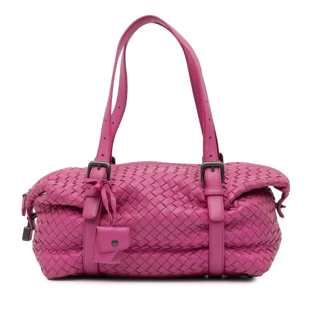 Bottega Veneta Nappa Intrecciato Montaigne Shoulder Bag Pink Leather Good - Front View