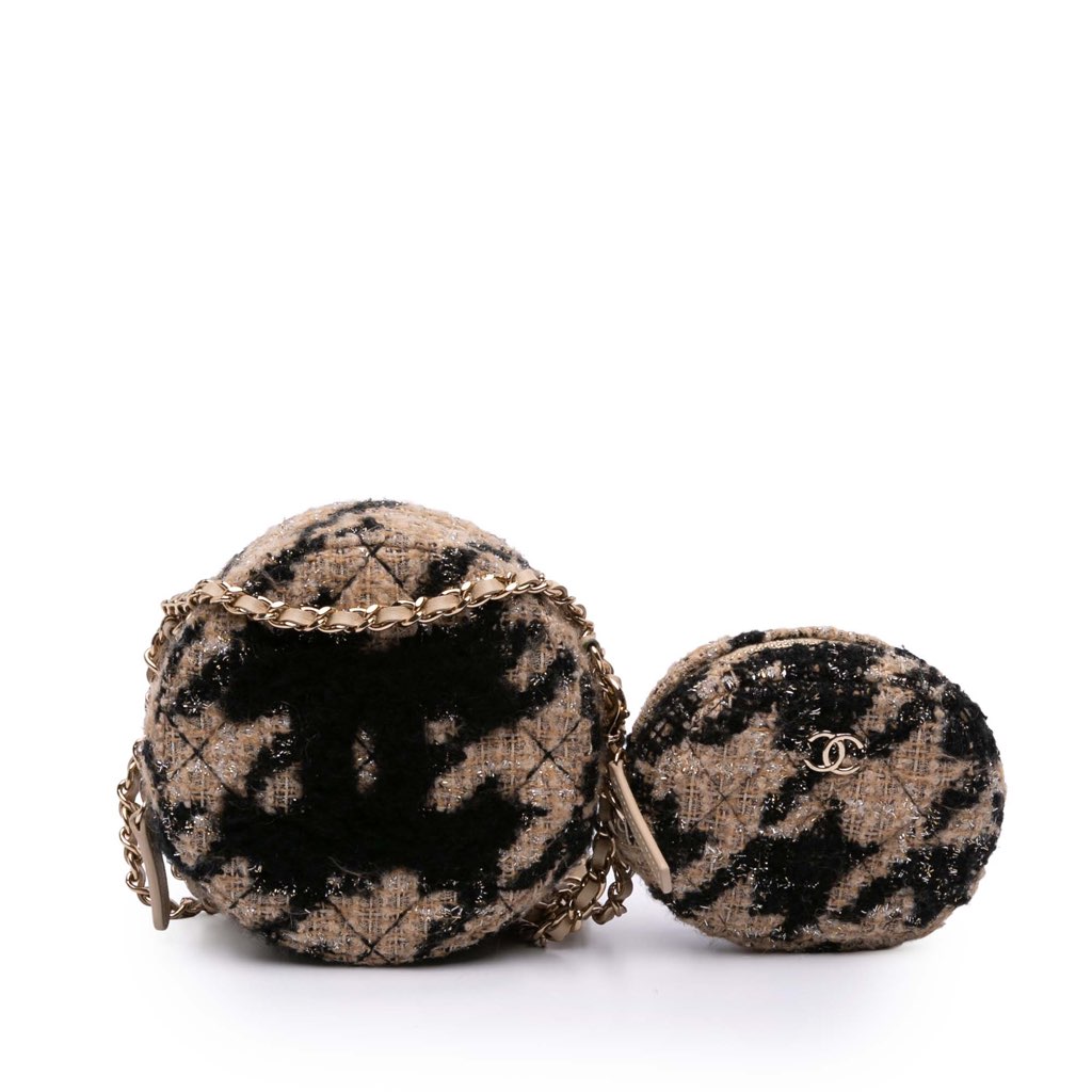Chanel CC Quilted Tweed and Shearling Round Clutch With Chain
